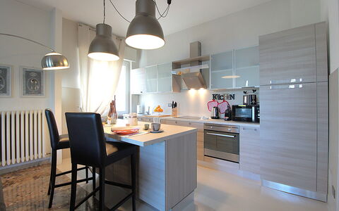 Catullo 18 Apartment, Garda Lake, Jacuzzi, Fitness: Countertop, Furniture, Cabinetry, Chair, Table, Kitchen, Lighting, Interior Design, Wood