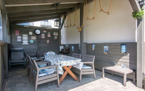 Nemo: Furniture, Wood, Outdoor Furniture, Chair, Outdoor Table, Deck, Hardwood, Wood Stain, Shade, Outdoor Structure