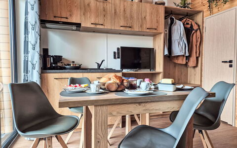 Fischbachau - Schliersee 200: Furniture, Wood, Interior Design, Kitchen, Flooring, Room, Kitchen & Dining Room Table, Floor, Countertop, Home Appliance