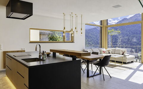 Skyline Retreat: Furniture, Interior Design, Flooring, Floor, Wood, Light Fixture, Countertop, Kitchen, Table, Ceiling