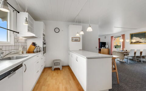 Mads - 400M from the Sea: Kitchen, Flooring, Interior Design, Countertop, Ceiling, Wood, Floor, Furniture, Light Fixture, Kitchen Appliance