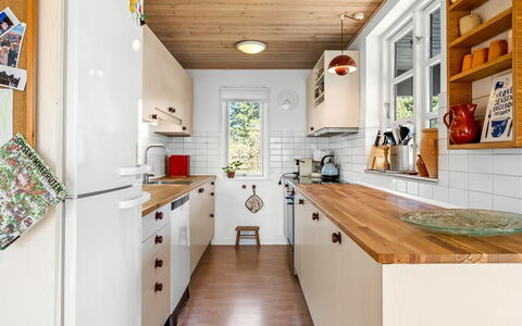 Eikka - 100M from the Sea: Kitchen, Kitchen Appliance, Countertop, Cabinetry, Interior Design, Wood, Flooring, Major Appliance, Home Appliance, Furniture