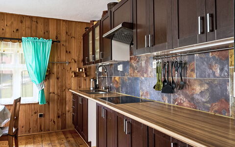 U Myšáka: Cabinetry, Countertop, Kitchen, Wood, Interior Design, Sink, Kitchen Stove, Wood Stain, Flooring, Wall