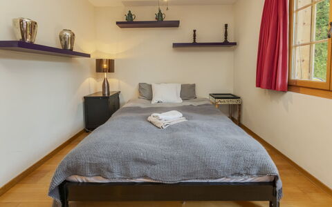 Chalet Rebhalde: Furniture, Bed, Interior Design, Bedroom, Wall, Bedding, Bed Sheet, Flooring, Wood, Floor