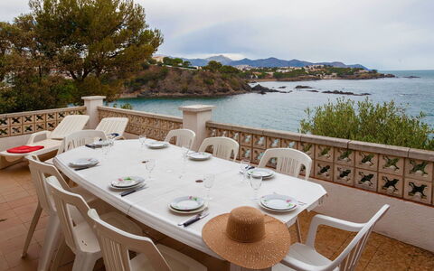Villa Cassiopee: Table, Water, Sky, Tableware, Furniture, Property, Cloud, Outdoor Table, Chair, Outdoor Furniture
