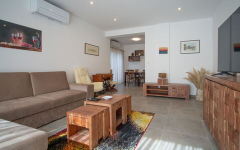 Losinj Mali Losinj 301: Table, Couch, Furniture, Property, Picture Frame, Cabinetry, Interior Design, Wood, Living Room, Flooring