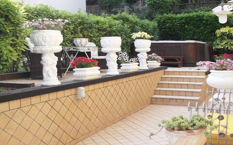 Villa Paradiso: Plant, Property, Flowerpot, Houseplant, Grass, Flooring, Shrub, Building, Landscaping, Hardwood