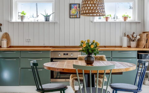 Jenvold - 1.5Km from the Sea: Furniture, Wood, Interior Design, Flooring, Kitchen, Kitchen & Dining Room Table, Lighting, Table, Cabinetry, Floor