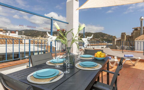Tossa de Mar 601: Furniture, Flooring, Chair, Floor, Kitchen & Dining Room Table, Apartment, Restaurant, Houseplant, Balcony, Countertop