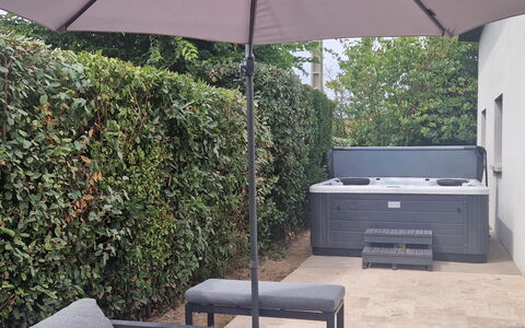 Les Sablons: Outdoor Furniture, Umbrella, Garden, Furniture, Flowerpot, Backyard, Shade, Patio, Houseplant, Landscaping