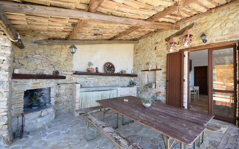 Villa Roccella Ionica, Sea View, a c: Furniture, Table, Wood, Interior Design, Brick, Floor, Flooring, Beam, Living Room, Hardwood