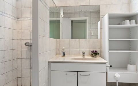 Gail - 200M from the Sea: Bathroom, Plumbing Fixture, Bathroom Sink, Sink, Interior Design, Flooring, Bathroom Cabinet, Floor, Tap, Plumbing