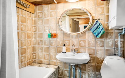 Vili - 100M from the Sea: Wall, Interior Design, Plumbing Fixture, Bathroom, Flooring, Floor, Bathroom Sink, Plumbing, Tile, Sink