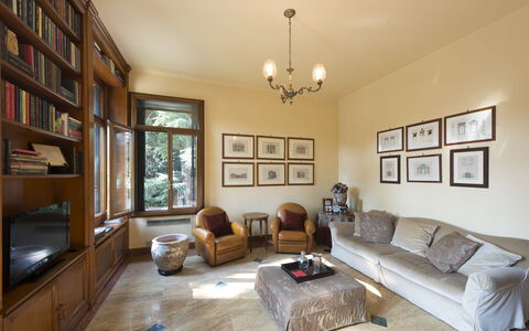 Villa Paola In Padova With Ac: Property, Couch, Wood, Interior Design, Lighting, Building, Architecture, Shelf, Living Room