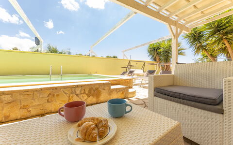 Villetta Estiva With Private Pool Gallipoli: Sky, Property, Furniture, Cloud, Tableware, Table, Plant, Outdoor Furniture, Shade, Interior Design