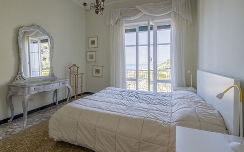 Pieve Ligure Seaside View, Wifi: Furniture, Bed, Interior Design, Bedroom, Floor, Bedding, Bed Sheet, Flooring, Room, Linens