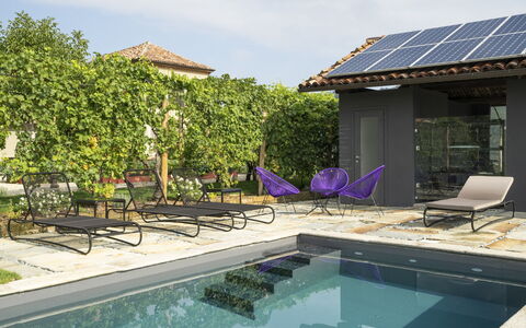 B&b Vigne Di Fagnano Without Kitchen: Water, Plant, Building, Furniture, Sky, Azure, Swimming Pool, Chair, Outdoor Furniture, Shade
