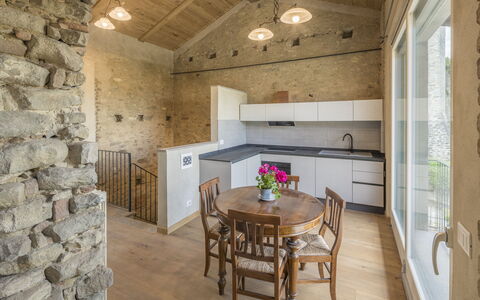 Arpusè, Relax nelle Langhe - Barolo, with Pool: Wall, Flooring, Wood, Ceiling, Interior Design, Floor, Furniture, Room, Chair, Kitchen