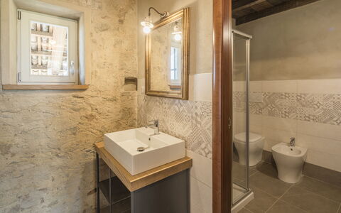 Arpusè, Relax nelle Langhe - Barolo, with Pool: Wall, Flooring, Floor, Plumbing Fixture, Bathroom, Interior Design, Lighting, Brown, Ceiling, Bathroom Sink