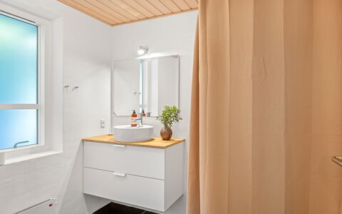 Trena - 1.2Km to the Fjord: Wall, Plumbing Fixture, Interior Design, Flooring, Wood, Floor, Plumbing, Bathroom, Curtain, Sink