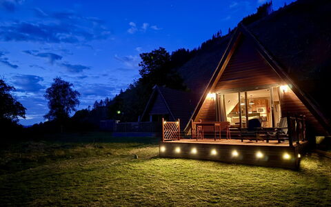 Lodge 6: Cottage, Home, Night, Log Cabin, Siding, Eco Hotel, Hut, Farmhouse, Porch, Hardwood