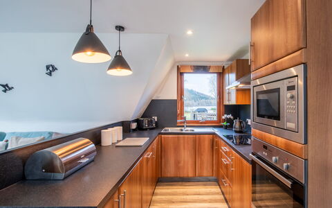 Lodge 6: Interior Design, Kitchen, Flooring, Furniture, Wood, Floor, Ceiling, Countertop, Lighting, Cabinetry