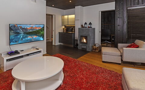 Holy Lake Chalet a: Furniture, Interior Design, Flooring, Floor, Couch, Wood, Living Room, Ceiling, Television, Room