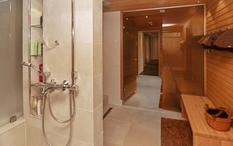 Holy Lake Chalet a: Flooring, Floor, Wood, Interior Design, Plumbing Fixture, Bathroom, Ceiling, Plumbing, Lighting, Room