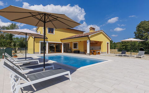 Villa Ana Lucija: Sky, Cloud, Building, Swimming Pool, Window, House, Shade, Tree, Outdoor Furniture, Chair