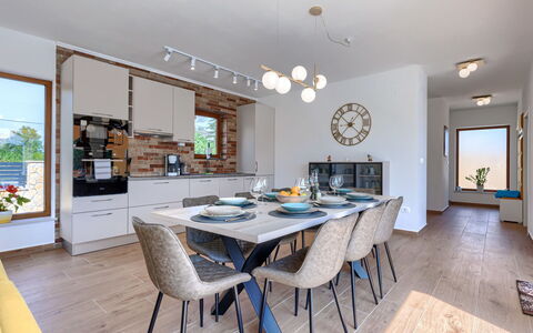 Villa Ana Lucija: Table, Furniture, Chair, Wood, Picture Frame, Lighting, Interior Design, Kitchen, Flooring