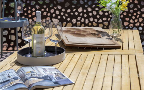 Natalia: Table, Furniture, Tableware, Chair, Blue, Interior Design, Plant, Floor, Building, Outdoor Furniture