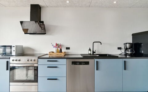 Rico - 50M from the Sea: Kitchen, Kitchen Appliance, Countertop, Kitchen Stove, Major Appliance, Flooring, Interior Design, Gas Stove, Furniture, Cabinetry