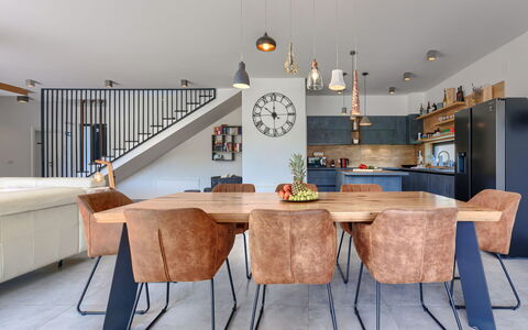 Bianca: Furniture, Table, Wood, Interior Design, Flooring, Floor, Living Room, Wall, Hardwood, Clock