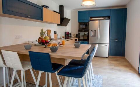 Ker Rohan: Cabinetry, Furniture, Table, Countertop, Azure, Wood, Chair, Kitchen, Interior Design, Flooring