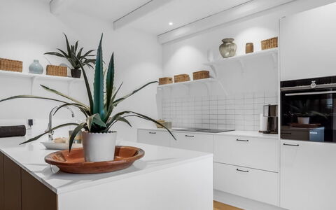 Alexi - 500M from the Sea: Kitchen, Countertop, Kitchen Appliance, Interior Design, Flooring, Furniture, Cabinetry, Wood, Major Appliance, Floor
