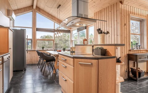 Frido - 500M from the Sea: Kitchen, Wood, Ceiling, Interior Design, Countertop, Furniture, Cabinetry, Flooring, Kitchen Appliance, Light Fixture