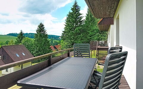 Green Valley Park Stárkov 16: Furniture, Outdoor Furniture, Porch, Chair, Balcony, Outdoor Table, Deck, Shade, Hardwood, Kitchen & Dining Room Table