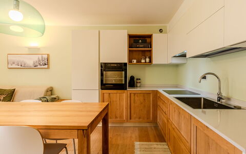 Val Genova: Furniture, Countertop, Kitchen, Cabinetry, Kitchen Appliance, Interior Design, Flooring, Wood, Ceiling, Major Appliance