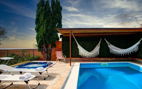 Villa Sorrentina With Panoramic Terrace: Water, Cloud, Sky, Property, Furniture, Plant, Swimming Pool, Azure, Nature, Shade