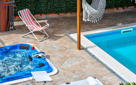 Villa Sorrentina With Panoramic Terrace: Water, Blue, Plant, Swimming Pool, Outdoor Furniture, Leisure, Shade, Wood, Grass, Sunlounger