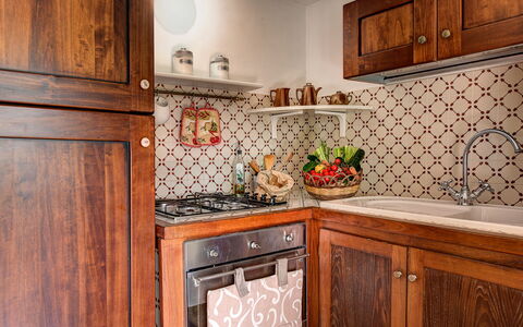 Villa Sorrentina With Panoramic Terrace: Cabinetry, Countertop, Property, Furniture, Sink, Building, Tap, Kitchen, Wood, Lighting