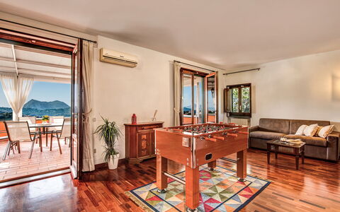 Villa Sorrentina With Panoramic Terrace: Table, Furniture, Building, Couch, Wood, Chair, Living Room, Hall, Interior Design, Flooring