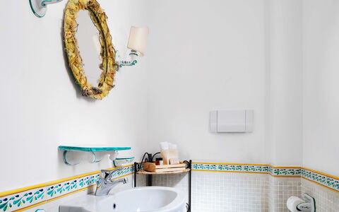 Villa Golfo Di Napoli With Private Pool: Sink, Plumbing Fixture, Tap, Bathroom Sink, Wood, Bathroom, Bathroom Cabinet, Wall, Rectangle, Plumbing