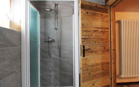 Baita La Ciamorza, Dolomiti, Veneto: Shower Door, Bathroom, Shower, Plumbing Fixture, Door, Interior Design, Wood, Floor, Shower Head