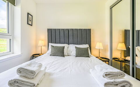 Craigmonie Apartment: Bed, Bedroom, Bedding, Bed Sheet, Furniture, Interior Design, Flooring, Floor, Bed Frame, Home