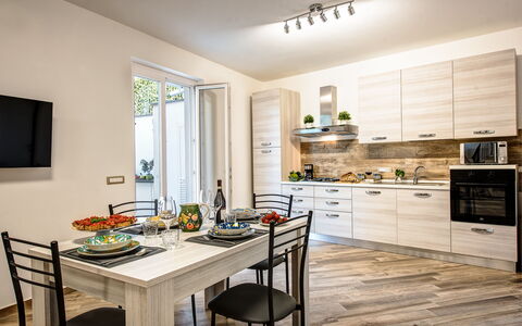 Clementine Country House: Cabinetry, Table, Countertop, Property, Furniture, Kitchen, Wood, Interior Design, Kitchen Stove, Flooring