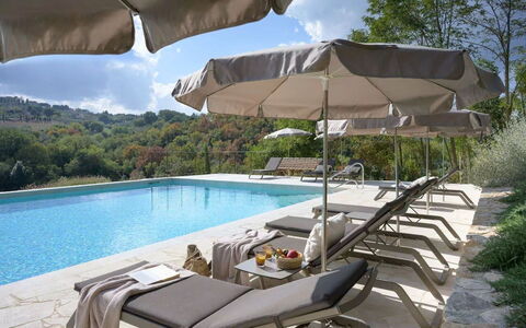 Melaiolo Modern Apartment With Pool, Montaione, To: Water, Cloud, Property, Sky, Plant, Swimming Pool, Umbrella, Outdoor Furniture, Shade, Building