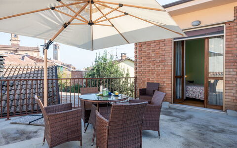 Castagnole Monferrato 200: Furniture, Table, Building, Window, Shade, Outdoor Table, Chair, Sky, Flowerpot, Interior Design