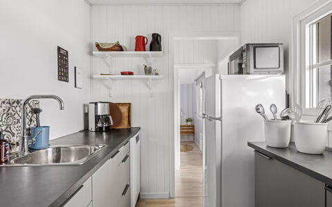 Filomena - 300M from the Sea: Kitchen, Kitchen Appliance, Major Appliance, Countertop, Wood, Flooring, Interior Design, Cabinetry, Refrigerator, Home Appliance