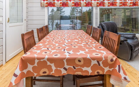 Onnimanni: Interior Design, Textile, Flooring, Furniture, Floor, Orange, Room, Ceiling, Kitchen & Dining Room Table, Dining Room